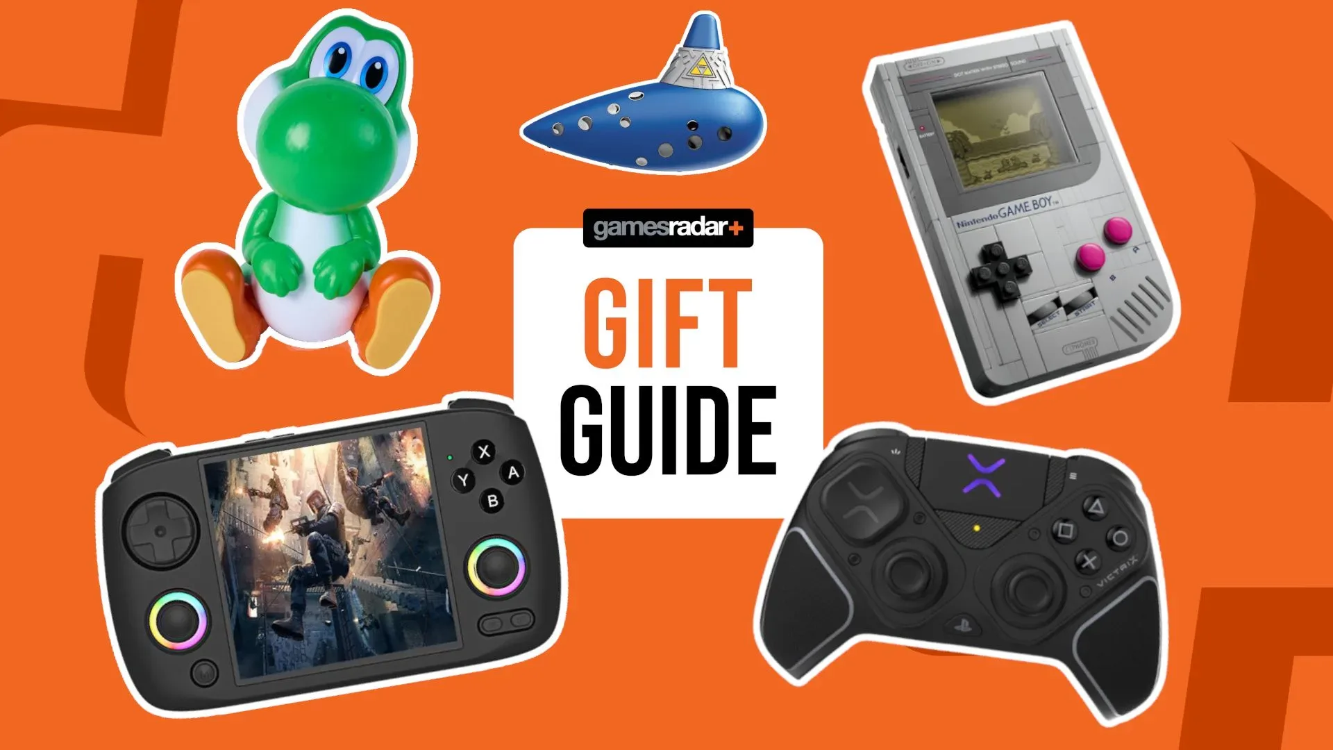 A selection of gaming gifts arranged around console controllers and accessories