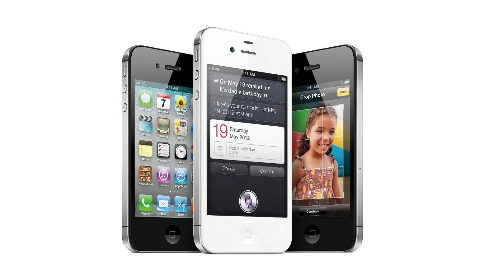 Black and white iPhone 4S models representing the 2011 launch