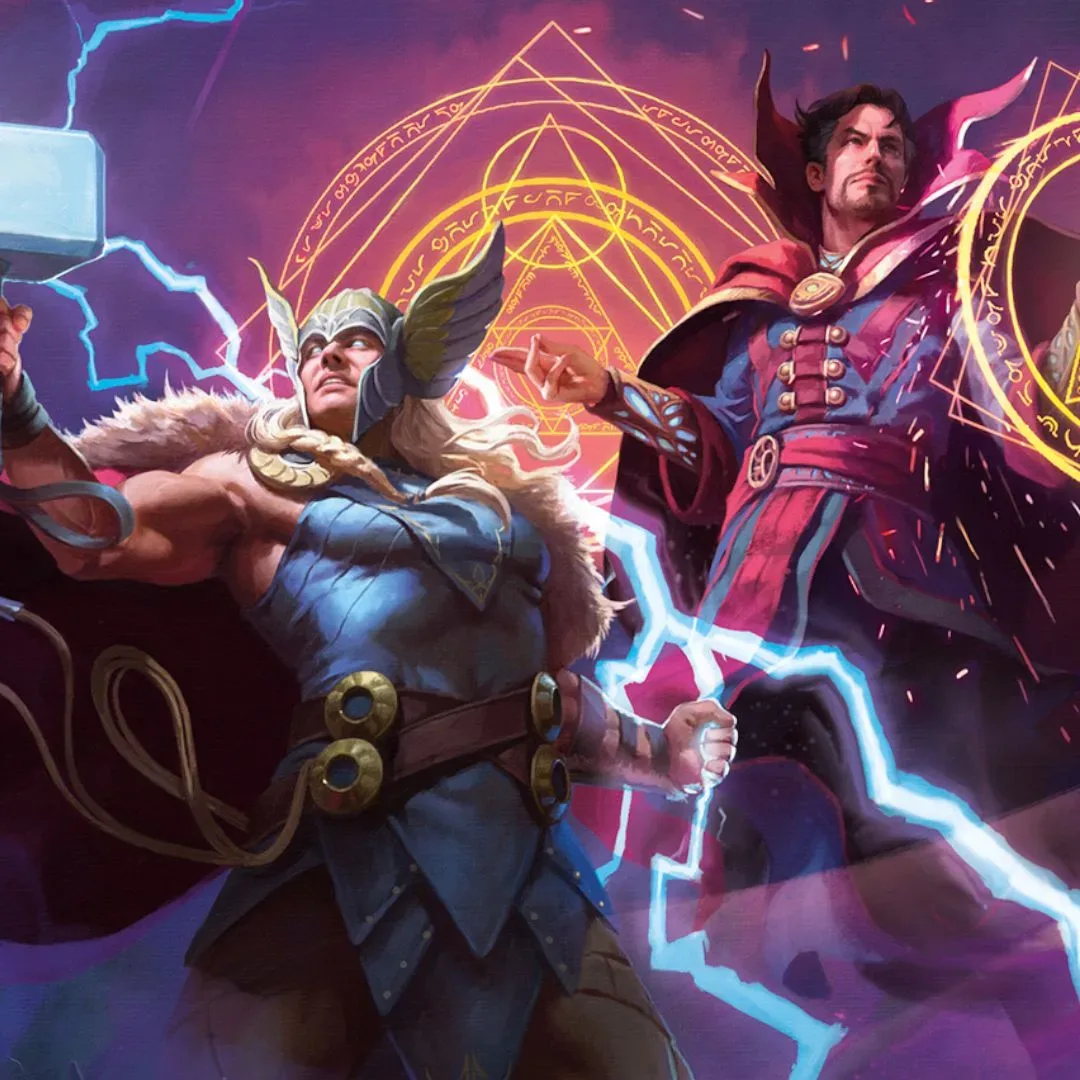 Thor and Doctor Strange prepare for battle against a purple, ominous background