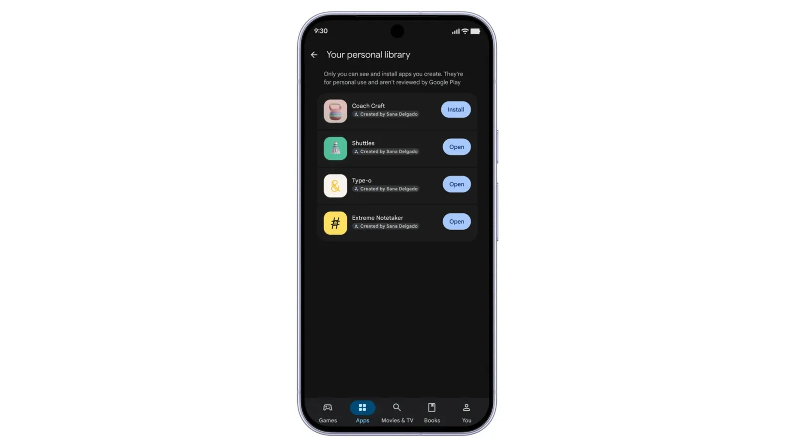 Google Play Store interface highlighting personal library and game discovery options