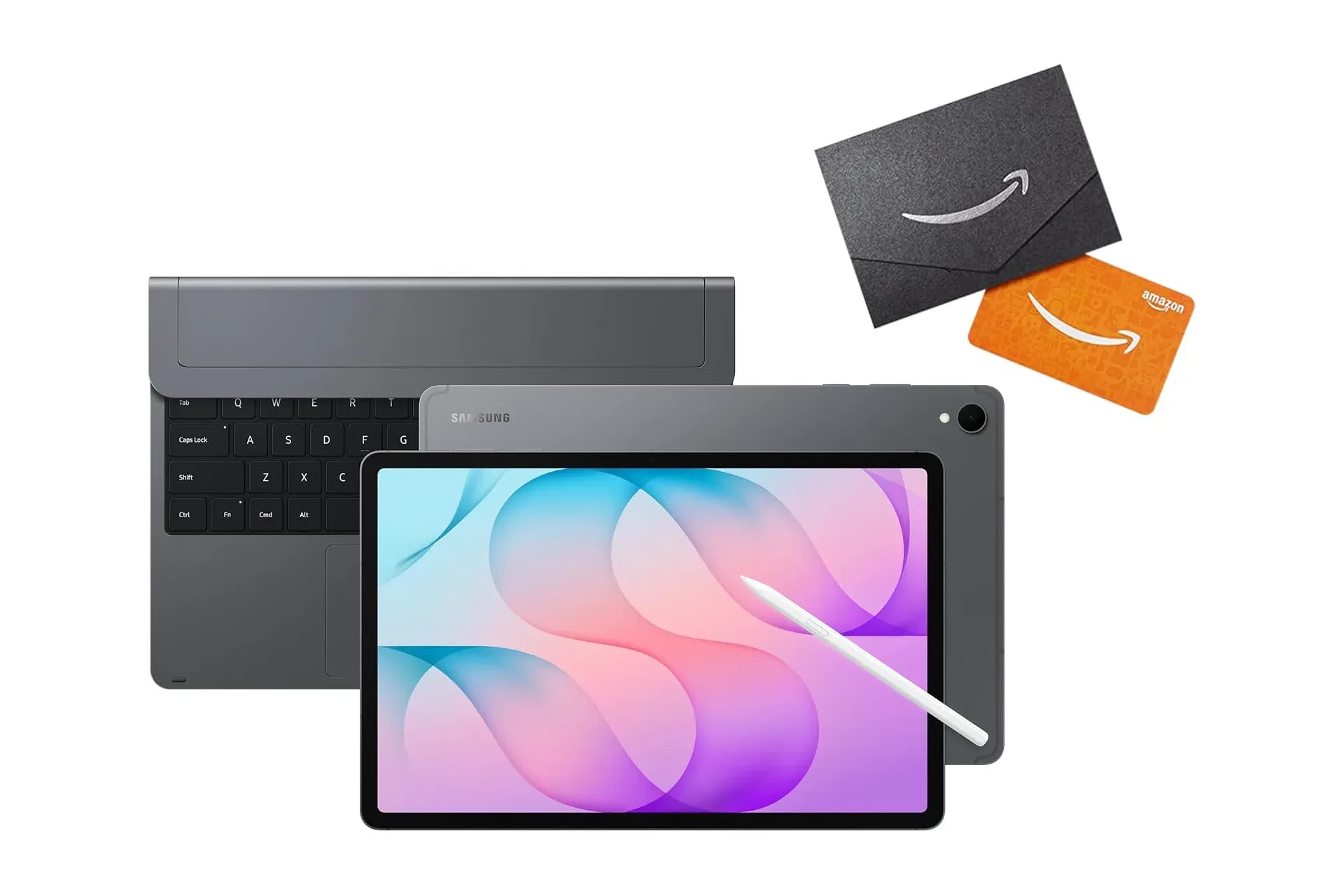 Samsung Galaxy Tab S12+ tablet with S Pen and Amazon gift card promotion