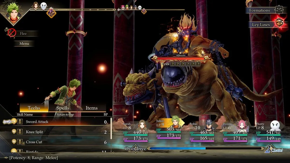 The green-haired Julian targets Alloces, a boss in Romancing SaGa 3: Destinies United that's a sort of fiery manticore