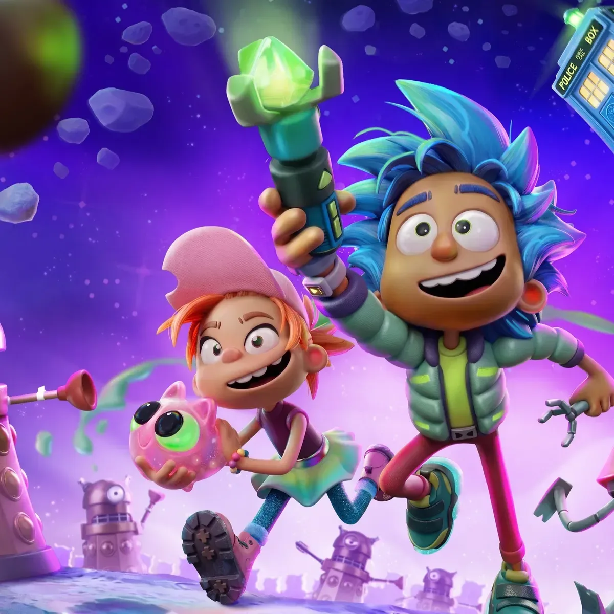 Promotional artwork for Doctor Who: TARDIS Crew showing the blue-haired young Doctor, Hannah, Toast-IE and stylised Daleks