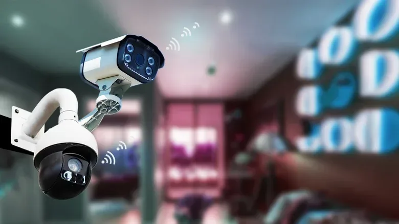 Overlapping exterior security cameras covering a building entrance