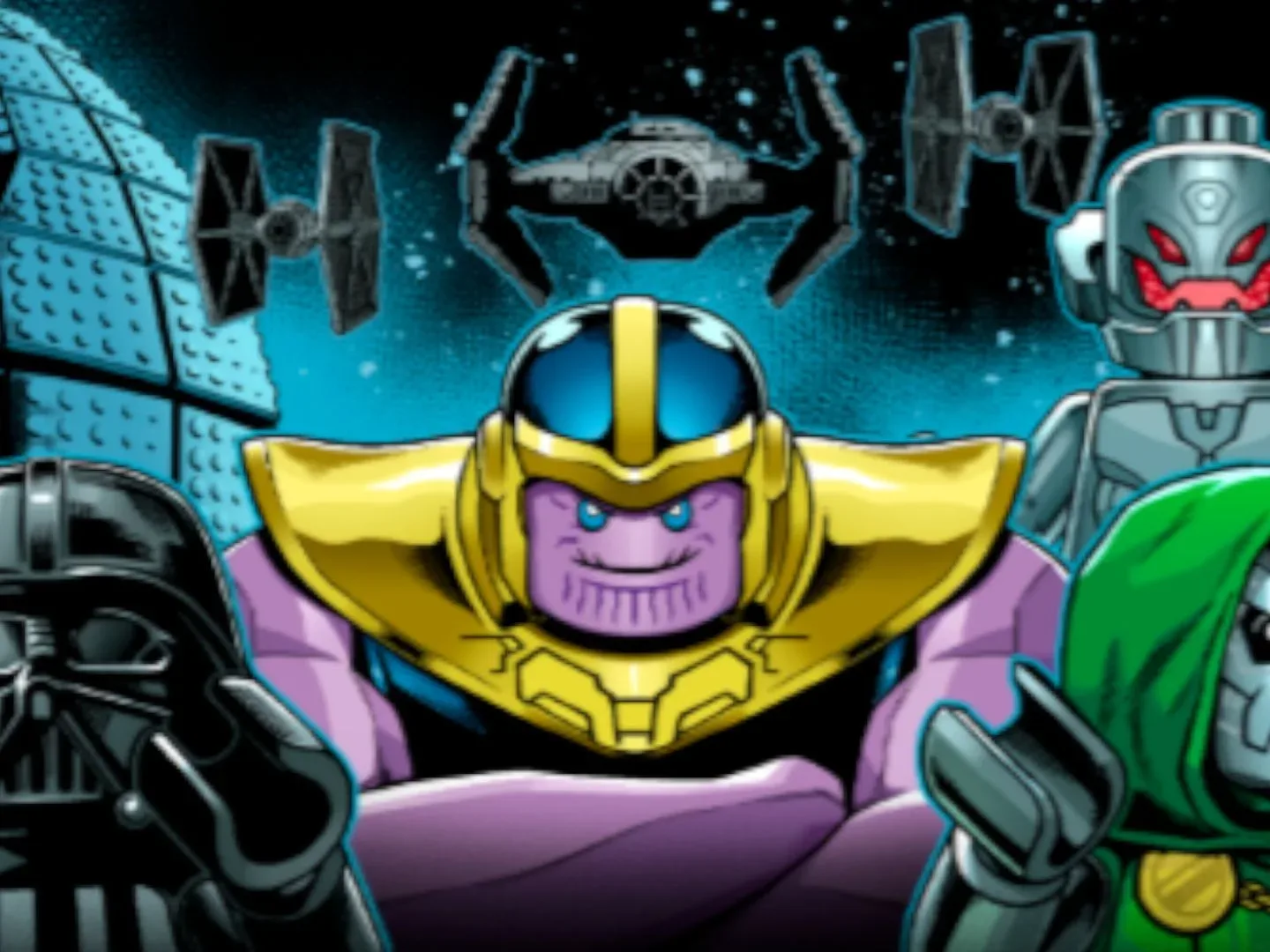 Lego Darth Vader, Thanos, Doctor Doom, and Ultron against a background with TIE Fighters and the Death Star