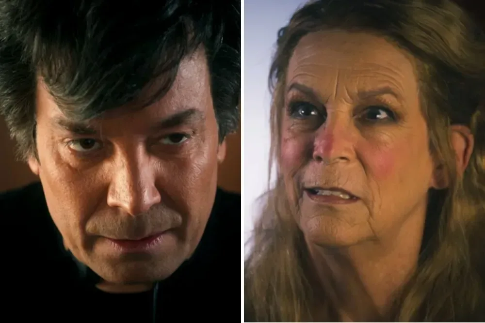Jimmy Fallon and Jamie Lee Curtis in a late-night cold open spoofing You Can See Everything