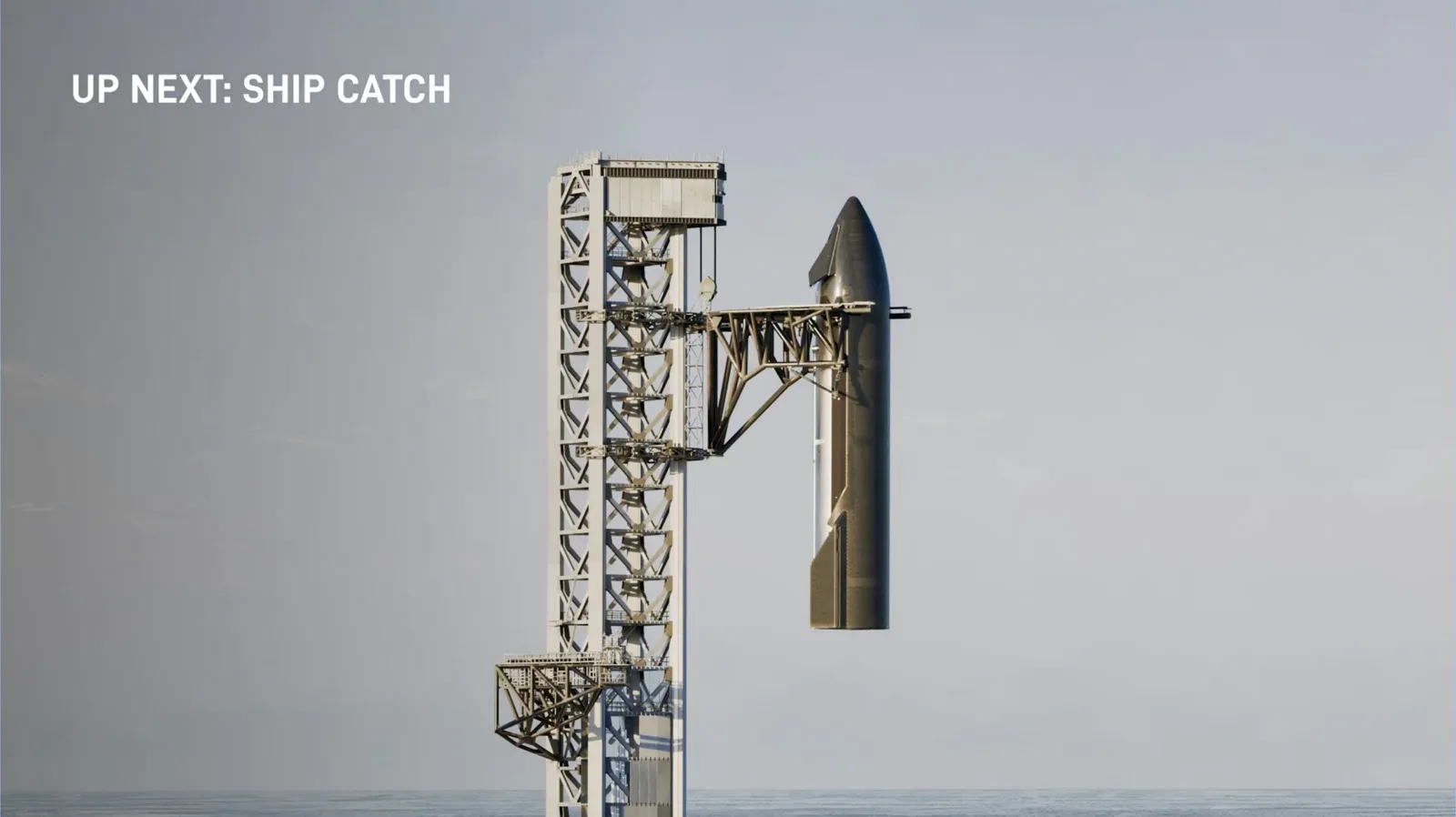 A Starship upper-stage recovery simulation showing the vehicle approaching launch tower arms