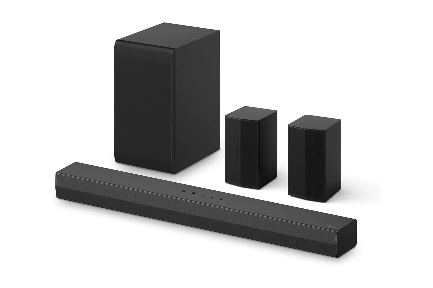 LG S40TR soundbar with wireless subwoofer and two rear speakers in a living-room gaming setup