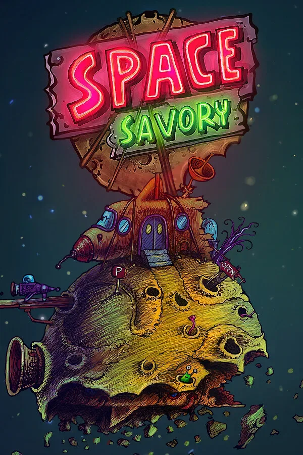 Hand-drawn Space Savory artwork showing the game’s dark-comedy alien diner setting
