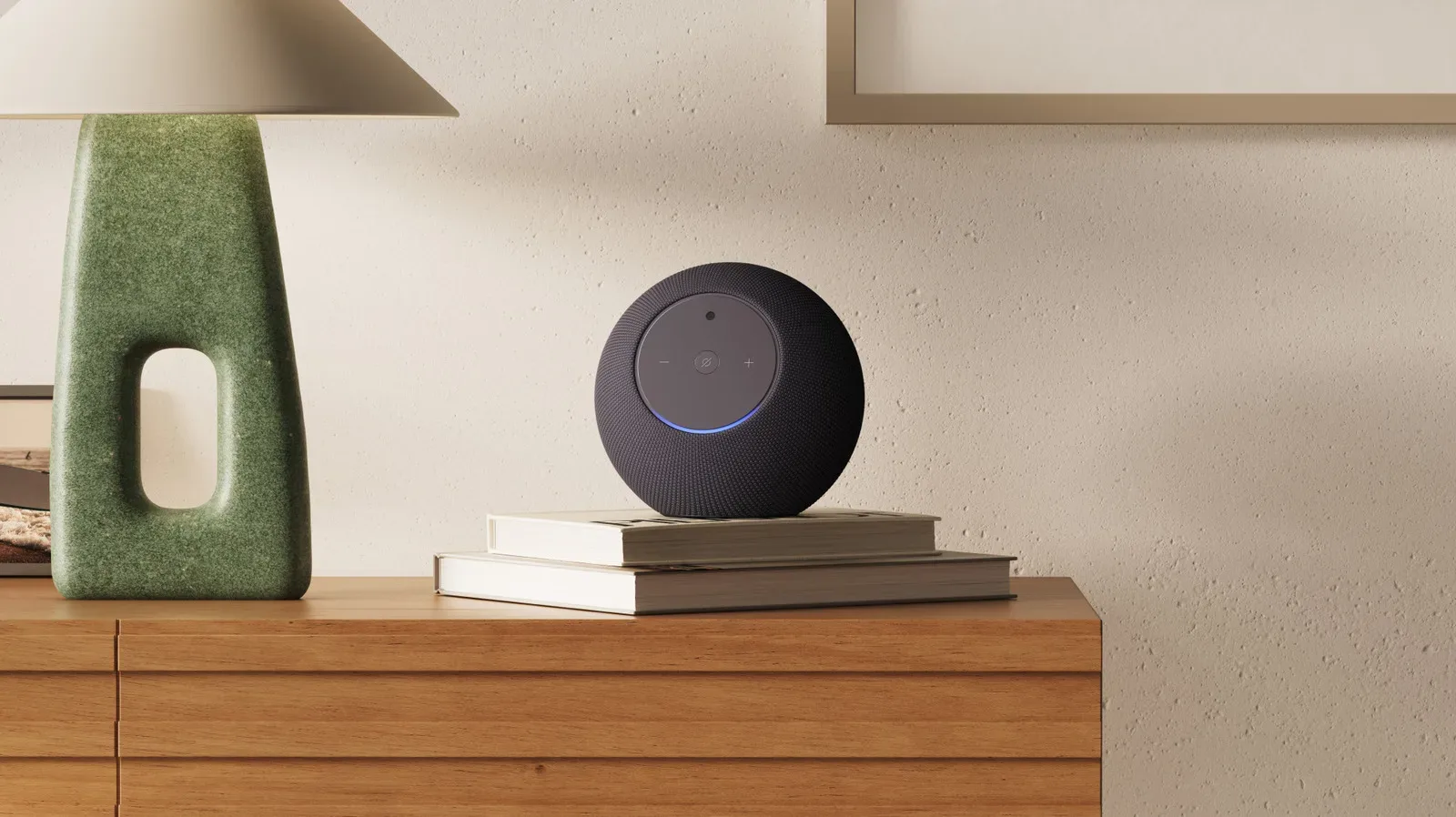 Amazon Echo Studio with Home Camera smart speaker in a living room