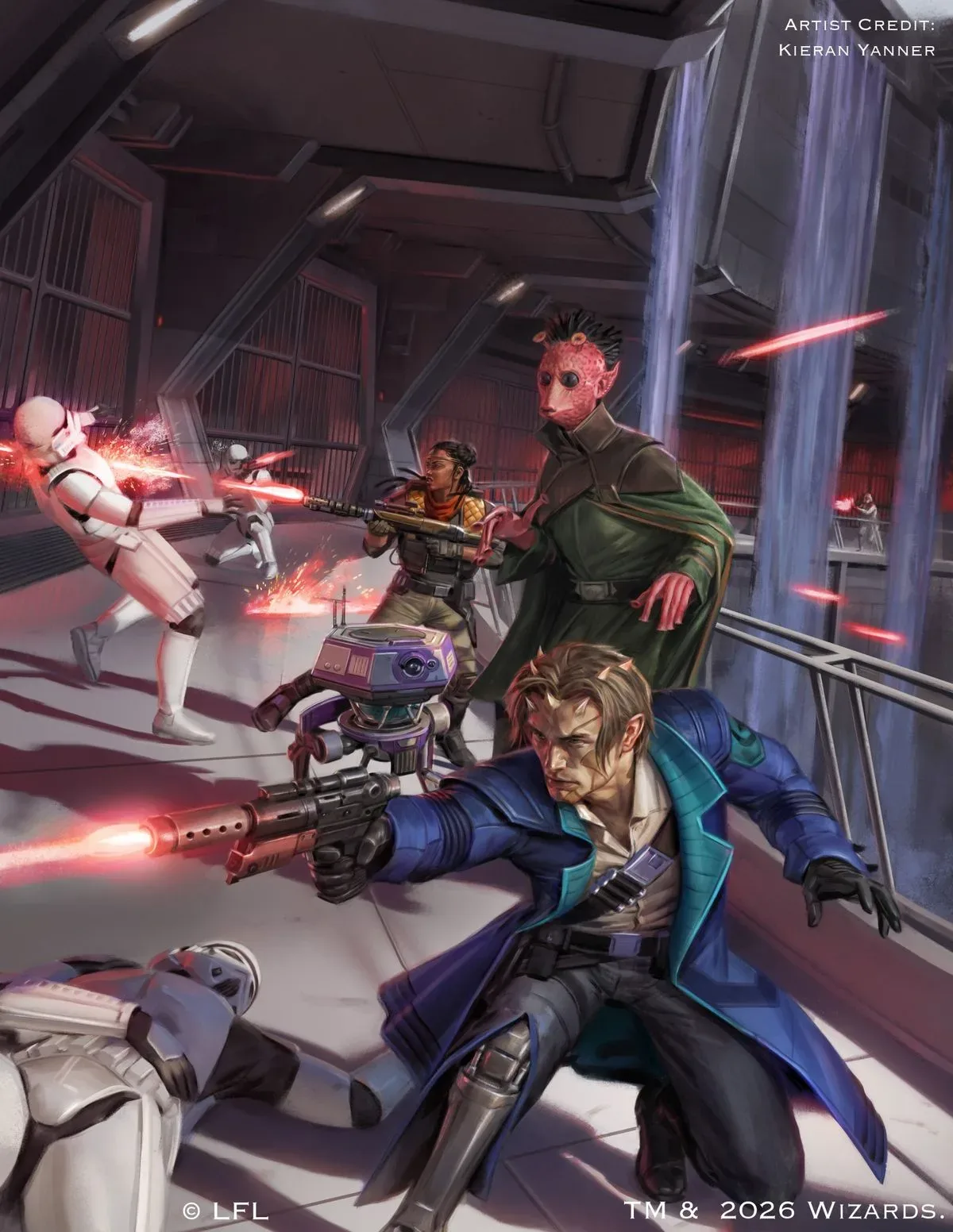 Alien and human Rebels fight Stormtroopers in a prison with waterfalls