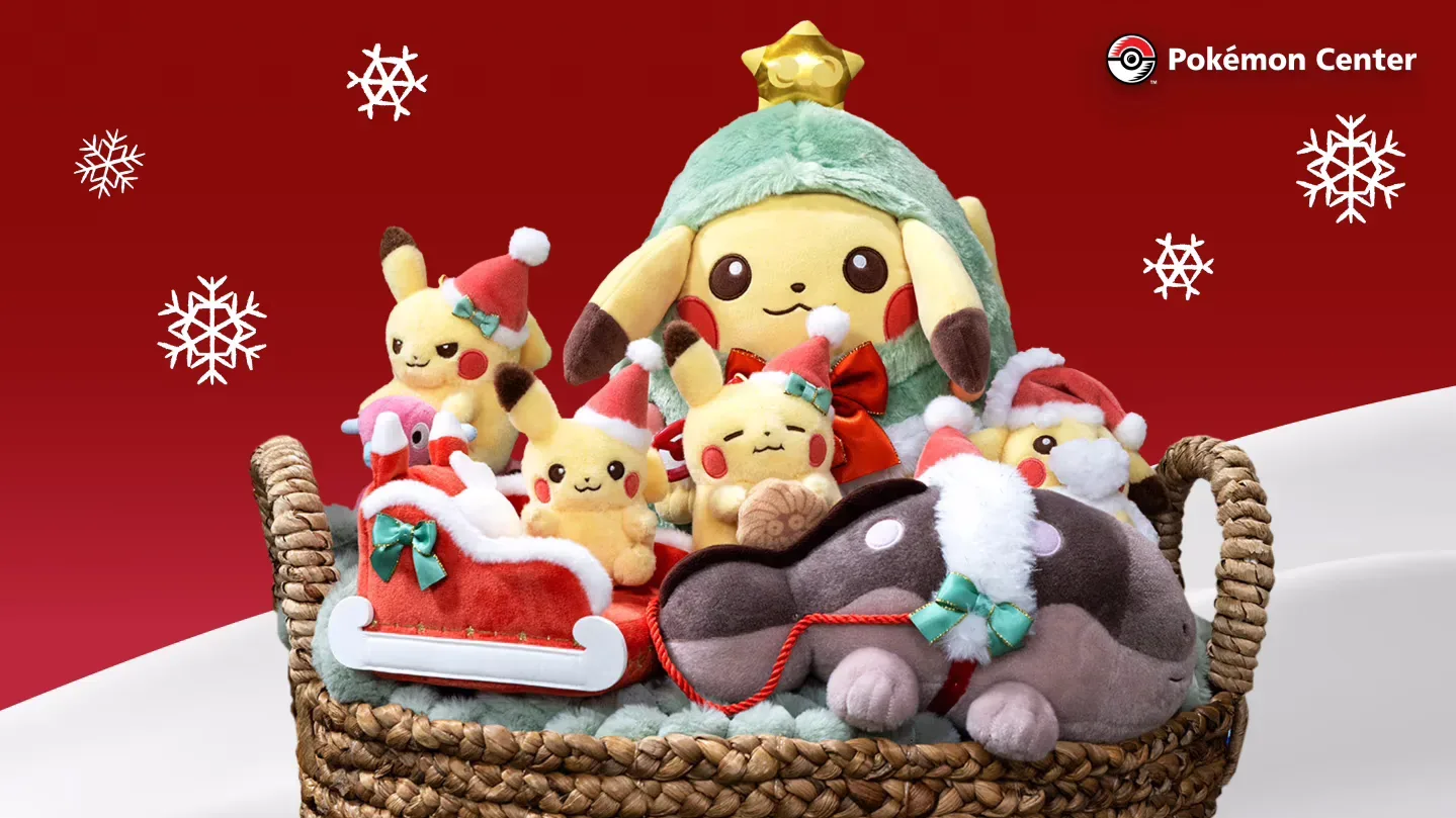 Holiday Pikachu plush dressed as a decorated tree with a golden Minior topper