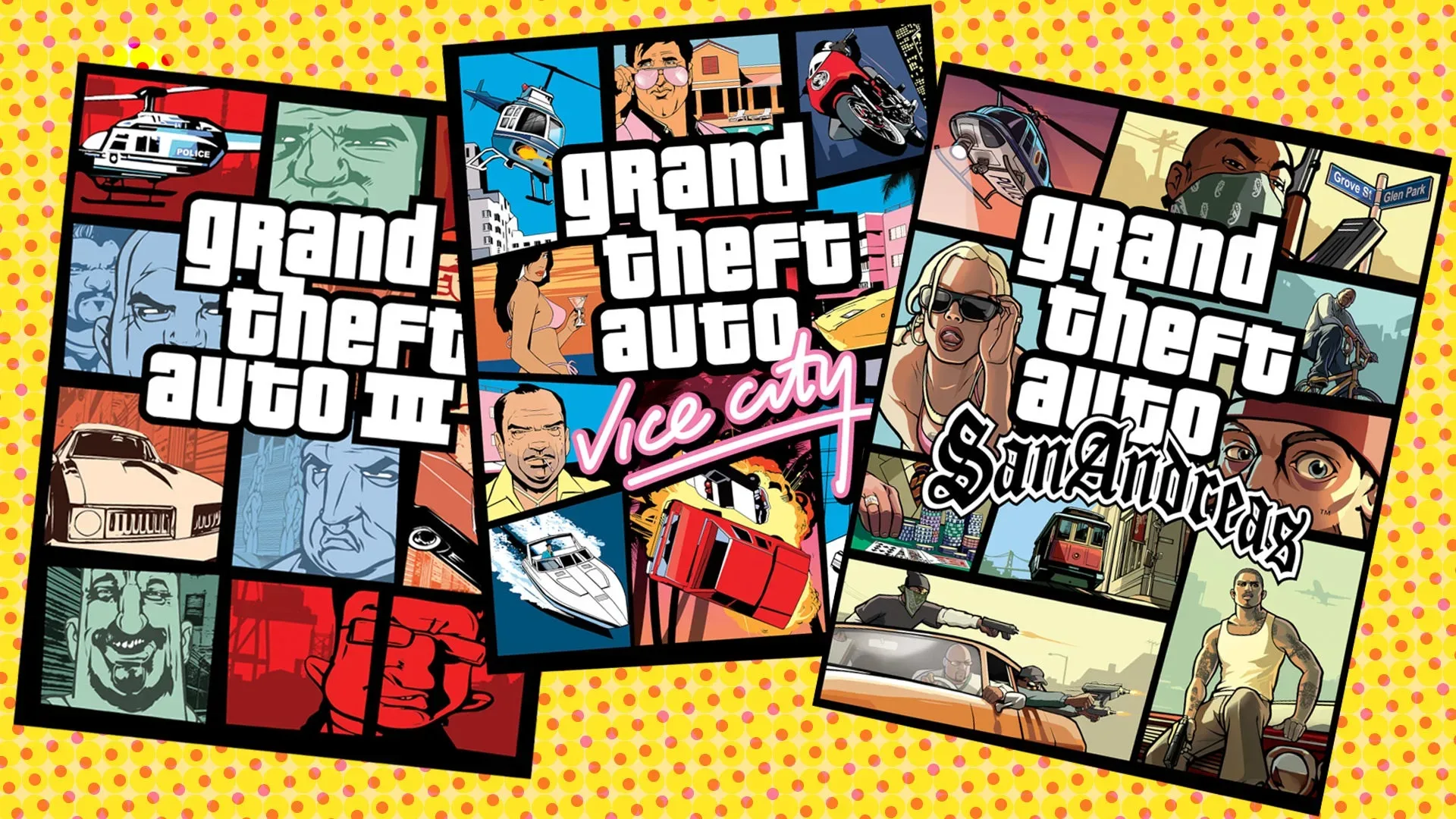 Grand Theft Auto 3-style segmented illustrated cover-art panels
