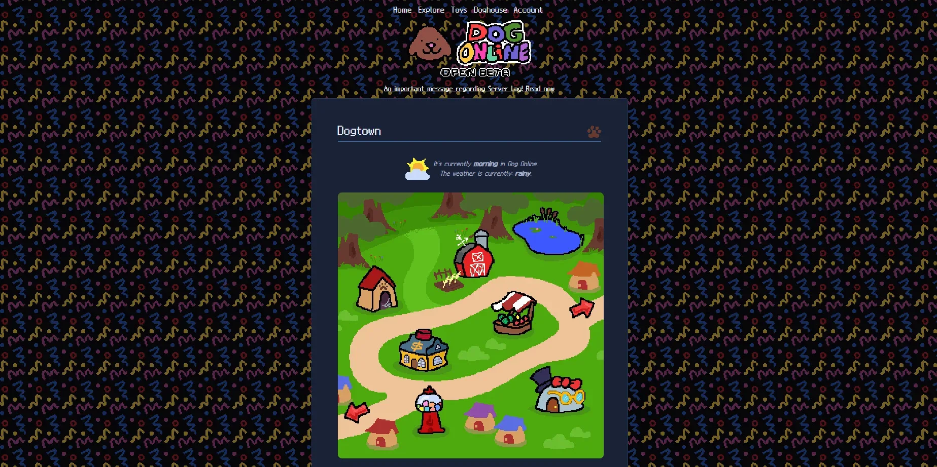 Dogtown, the central map area in the Dog Online browser game