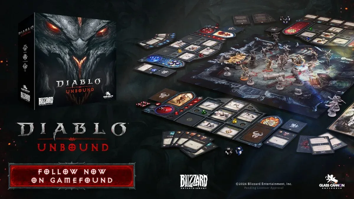 The Diablo: Unbound box beside its board, cards, tokens, and miniatures laid out in play, with the game logo and Gamefound call to action nearby