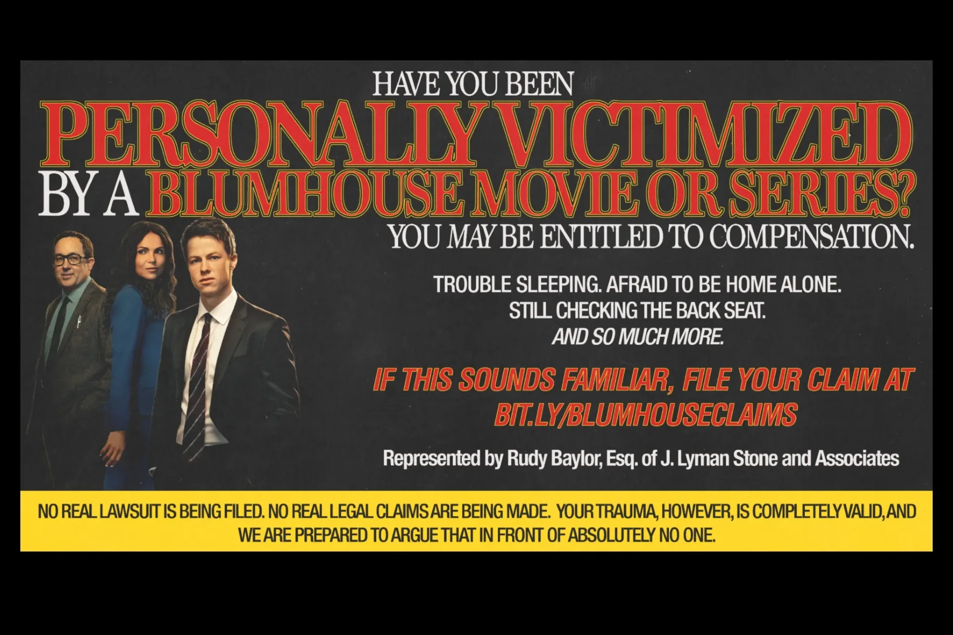 A mock legal-claims themed promotion for Blumhouse and The Rainmaker Season 2