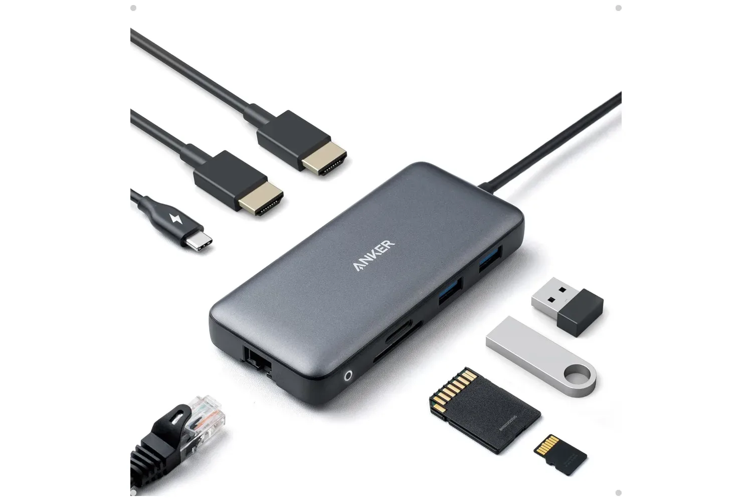 Anker 8-in-1 USB-C laptop docking station with HDMI, Ethernet, USB and card reader ports