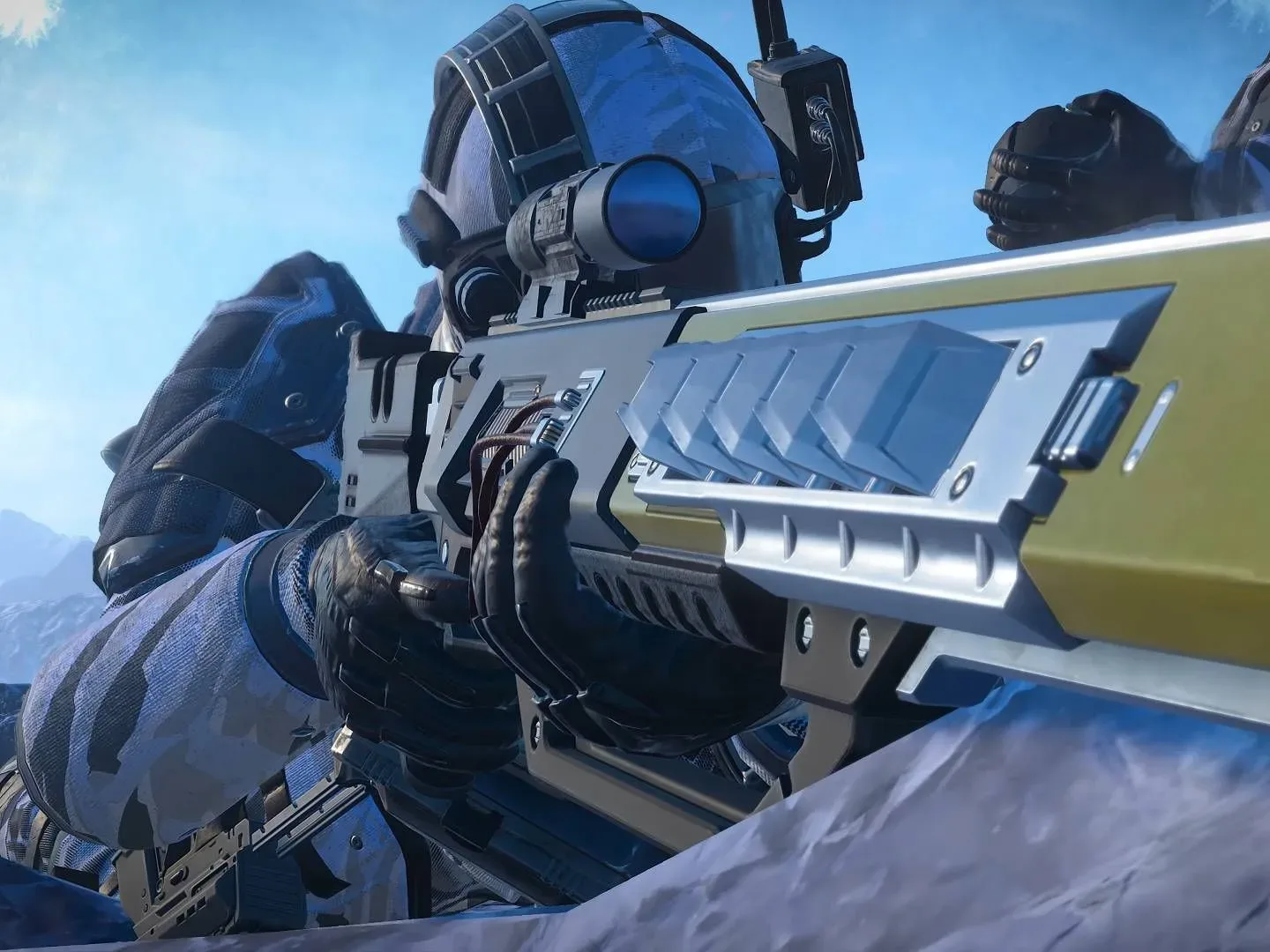 Helldivers 2 Scope of Authority warbond helldiver aiming nova energy sniper rifle in the snow