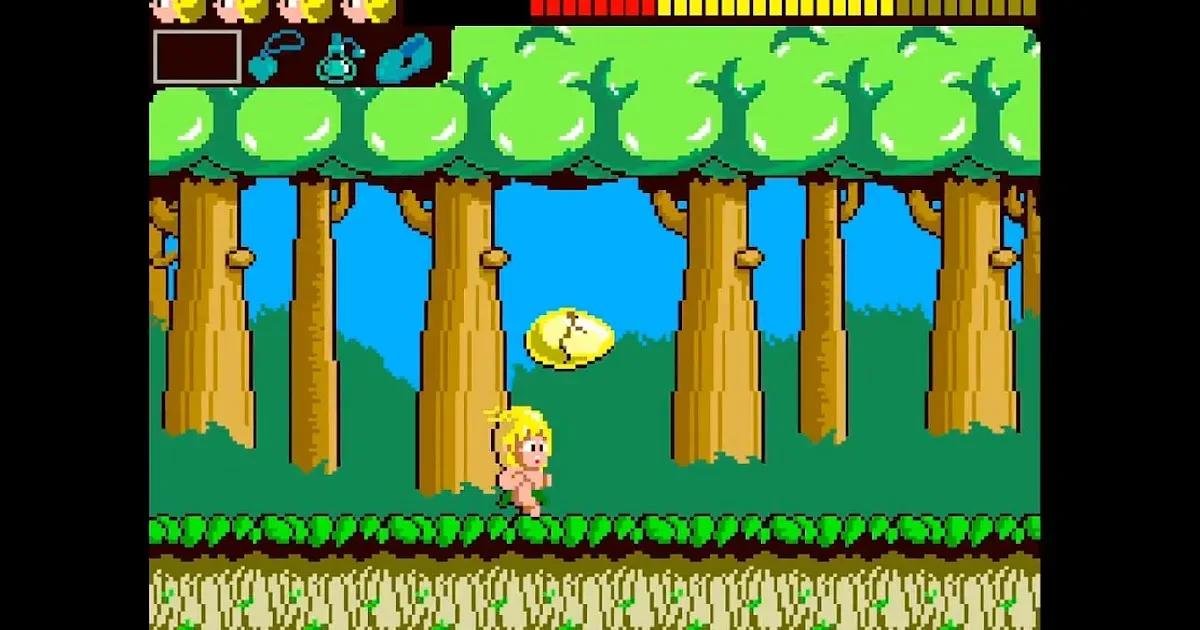 Tom-Tom collecting fruit and avoiding enemies in Wonder Boy on Commodore Amiga