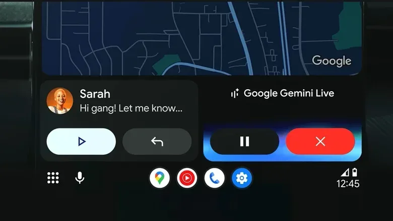 A closeup of a car dashboard shows a Google Gemini Live session pulled up, a message from Sarah, and a live map in the background.