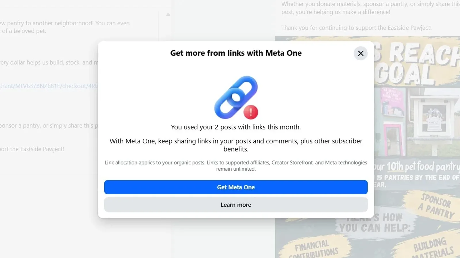 Facebook link-sharing restriction notice on a nonprofit or government page