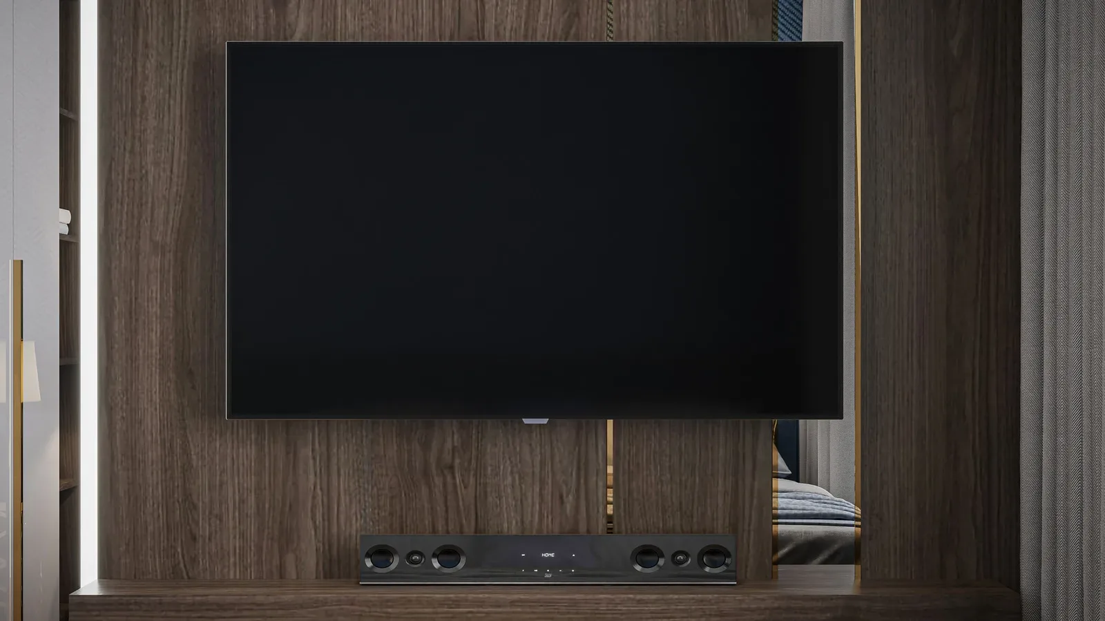 A compact soundbar positioned beneath a thin television