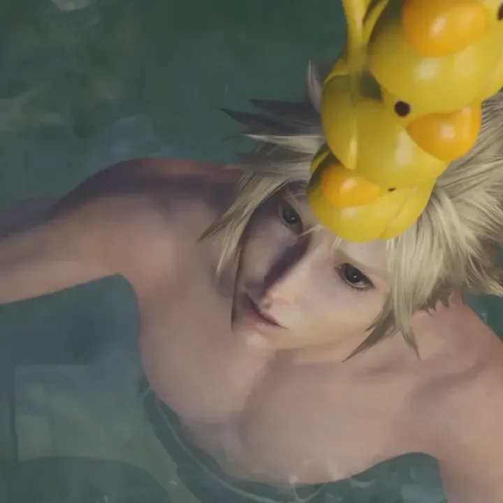 Cloud and party members relax at a hot spring in Final Fantasy 7 Revelation