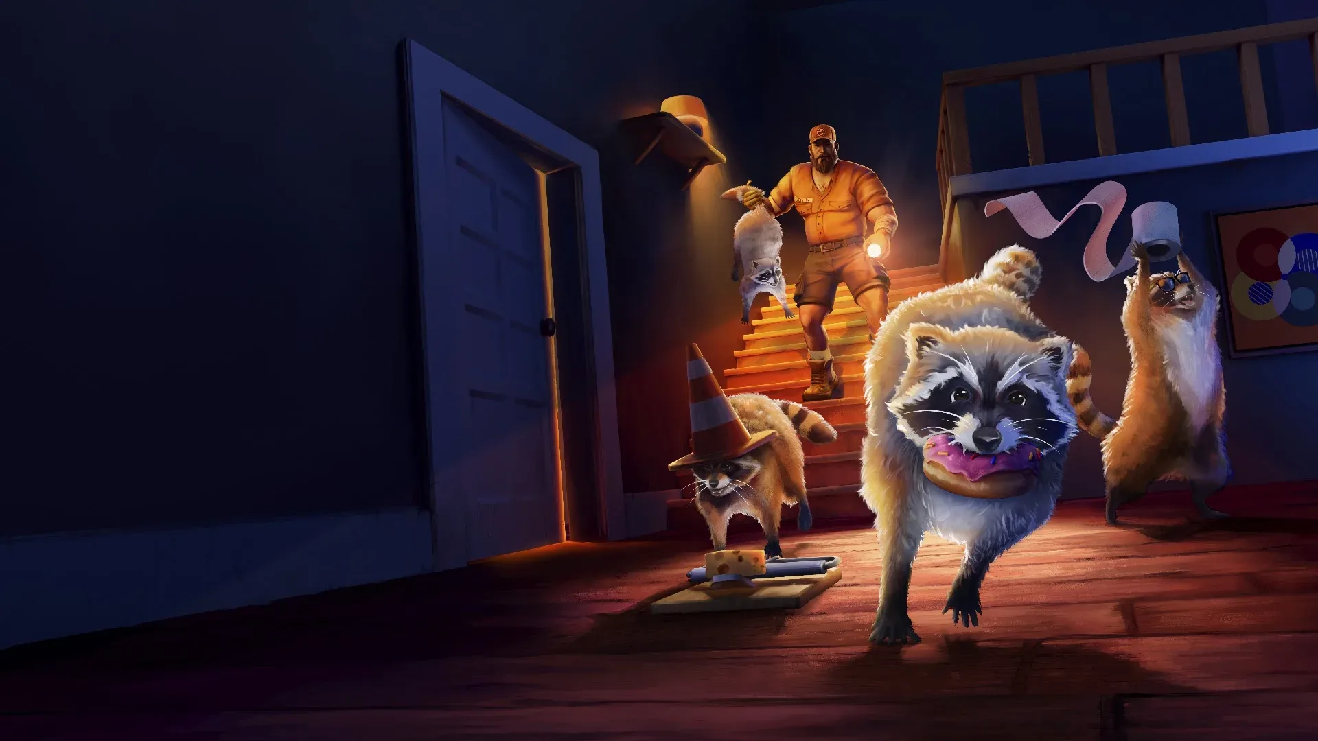 Raccoon characters carrying junk while avoiding traps in Dumpster Gang