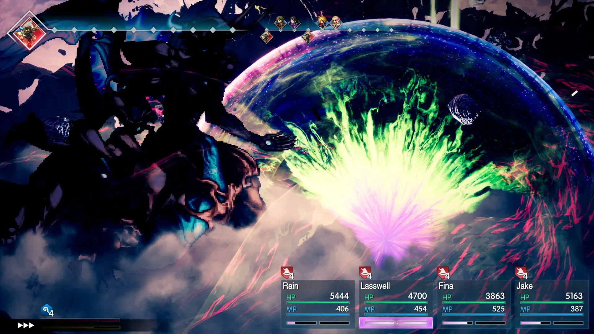 Final Fantasy Resonance battle scene showing pixel-art characters and turn-based combat