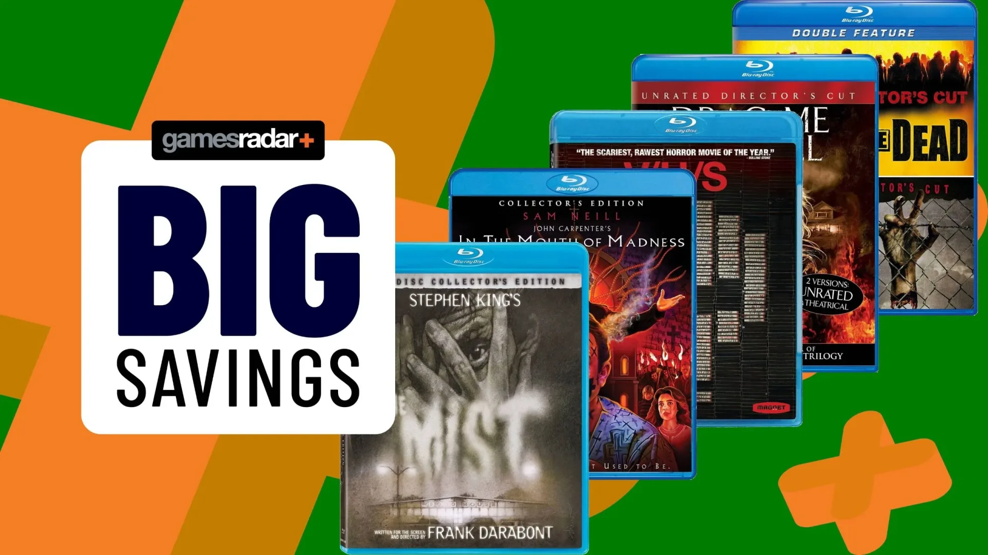 A shelf of horror Blu-rays and 4K Ultra HD cases arranged for Halloween movie night