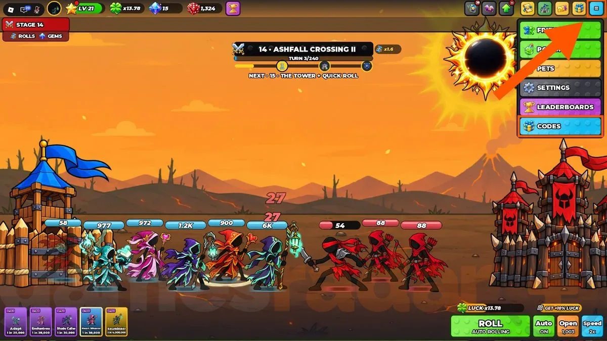 An orange arrow points to the menu button where you can redeem Roll a Stickman codes.