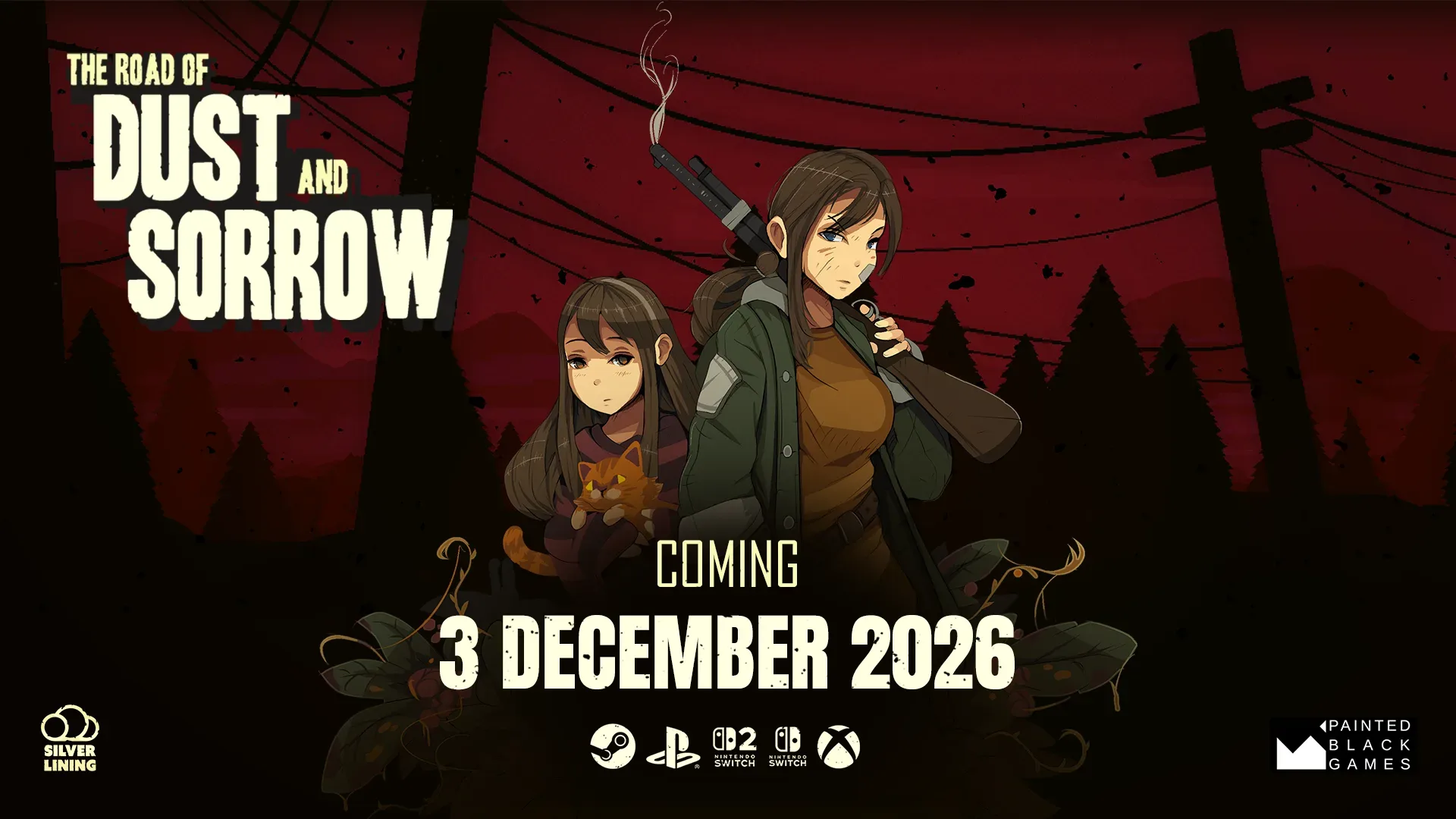 Katherine and Ava travel through the ruined pixel-art world of The Road Of Dust And Sorrow