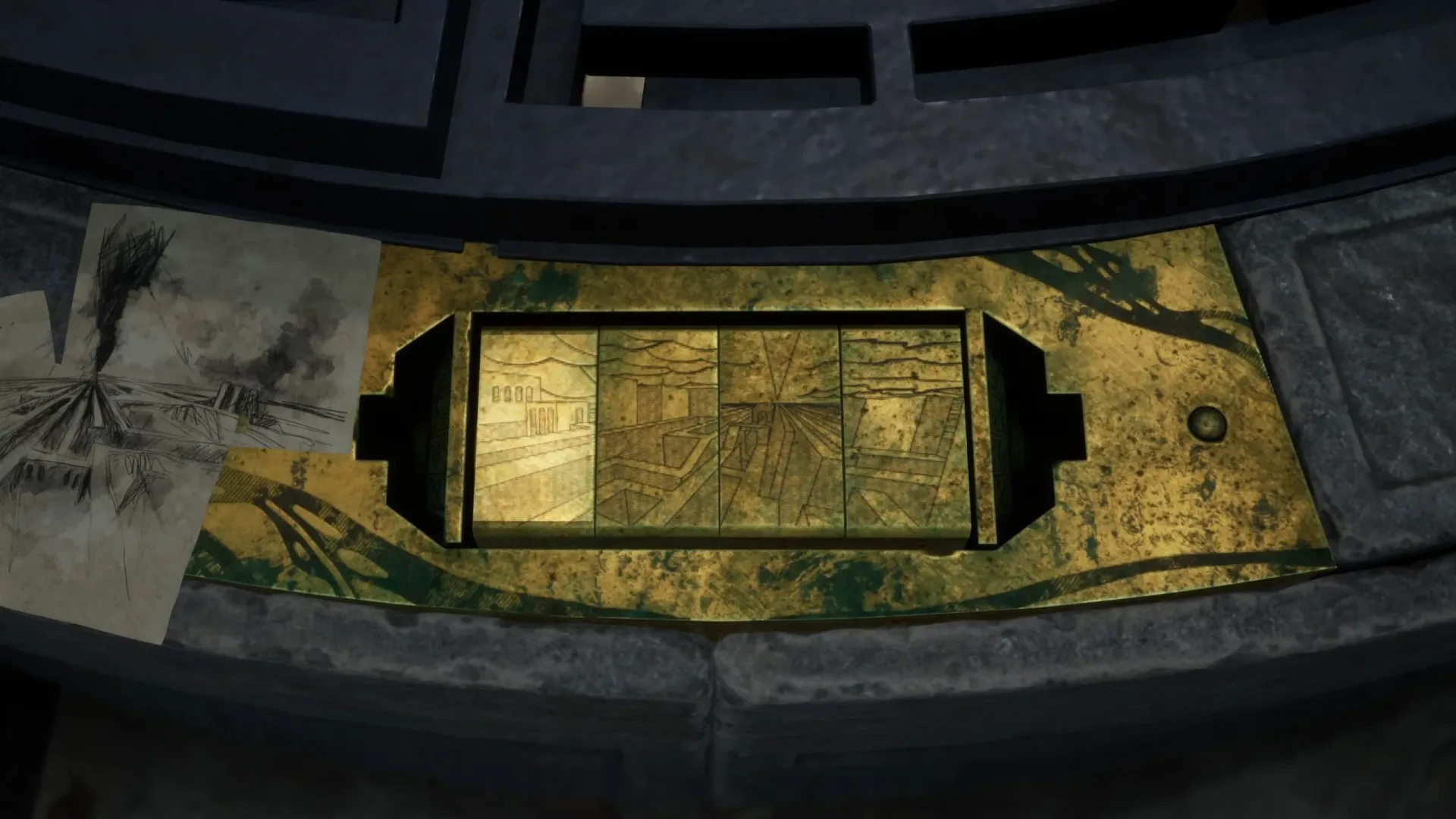 Hellraiser Revival well with gold picture-block slot and crumpled labyrinth clue papers