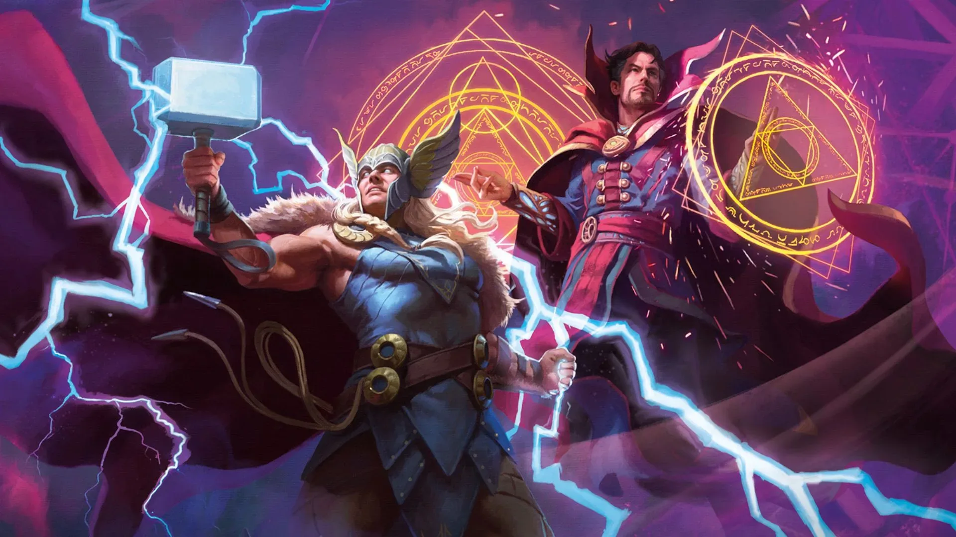 Thor and Doctor Strange prepare for battle against a purple, ominous background