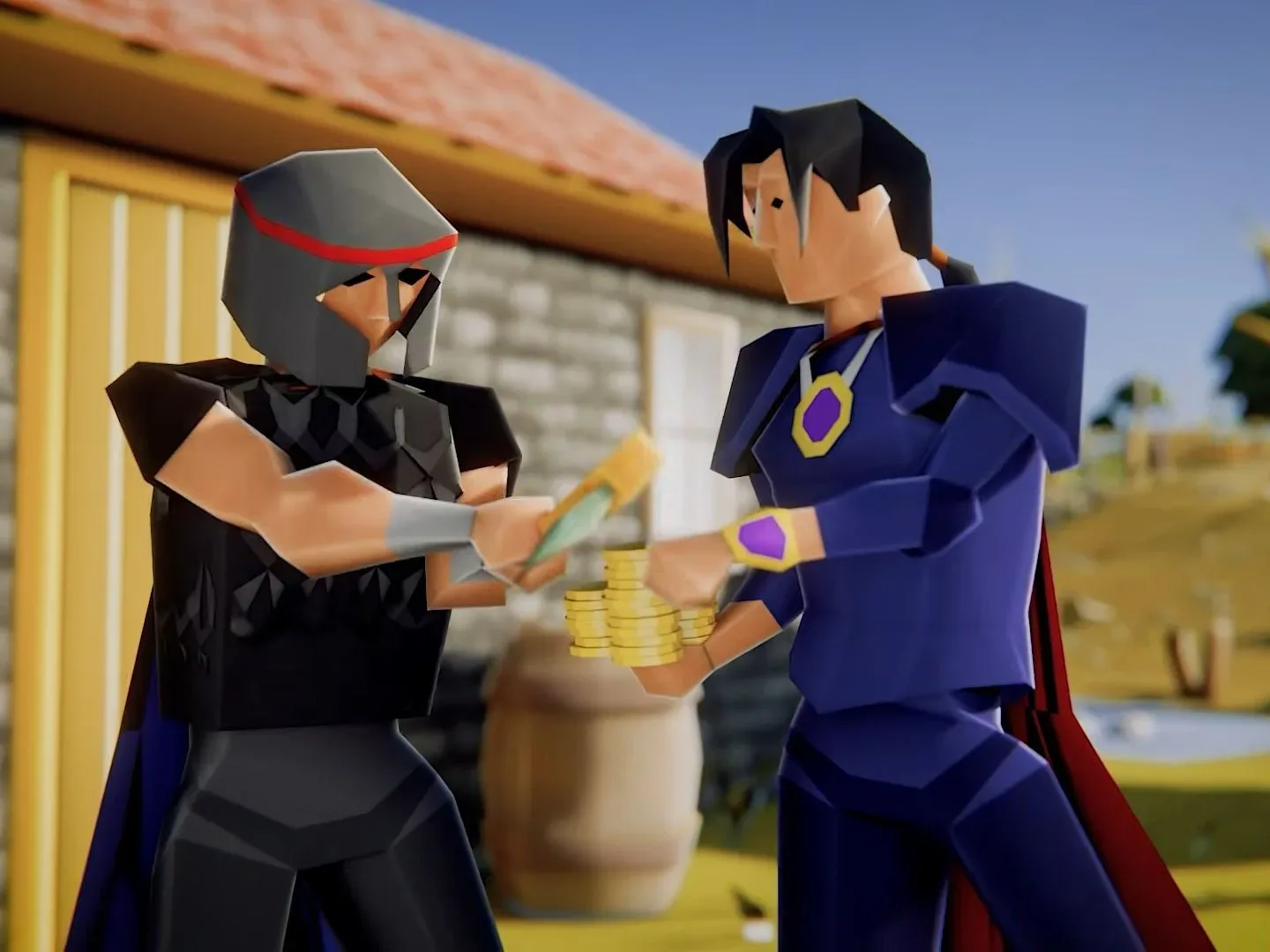 Old School RuneScape characters in black and blue armor exchanging coins