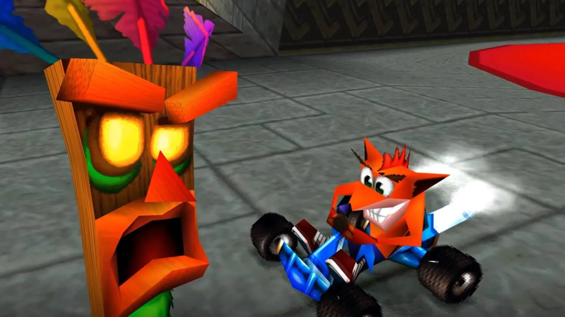 Screenshot of Crash Team Racing Turbocharged decomp for PC with Crash on blue kart and Aku Aku on right.