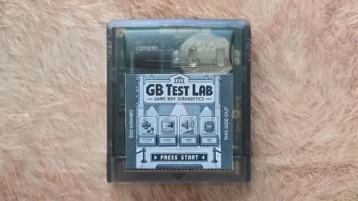 An original Nintendo Game Boy DMG-01 running the GB Test Lab diagnostic cartridge