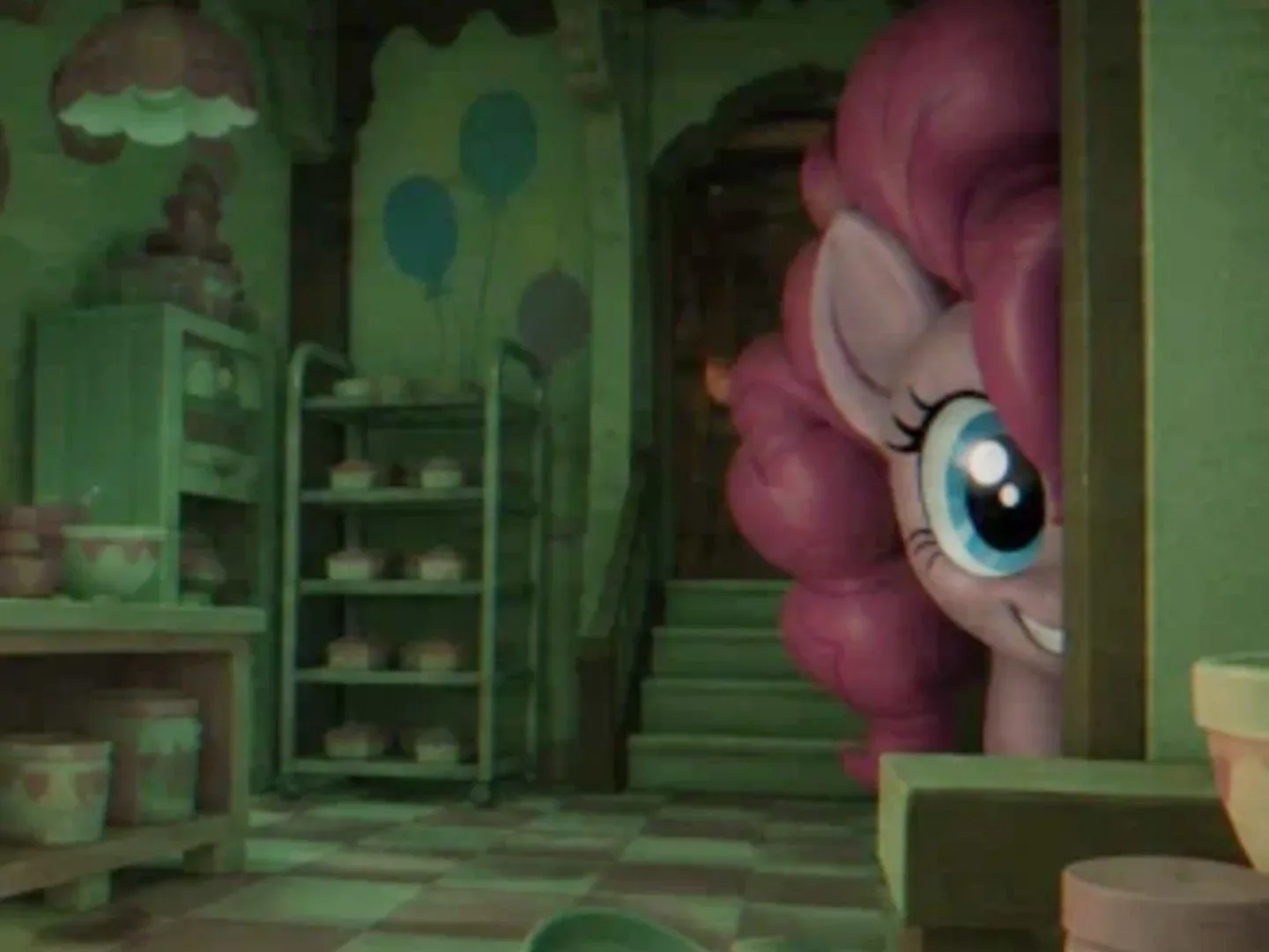Pinkie Pie grins evilly from behind a wall in Pinkie Promise in Roblox