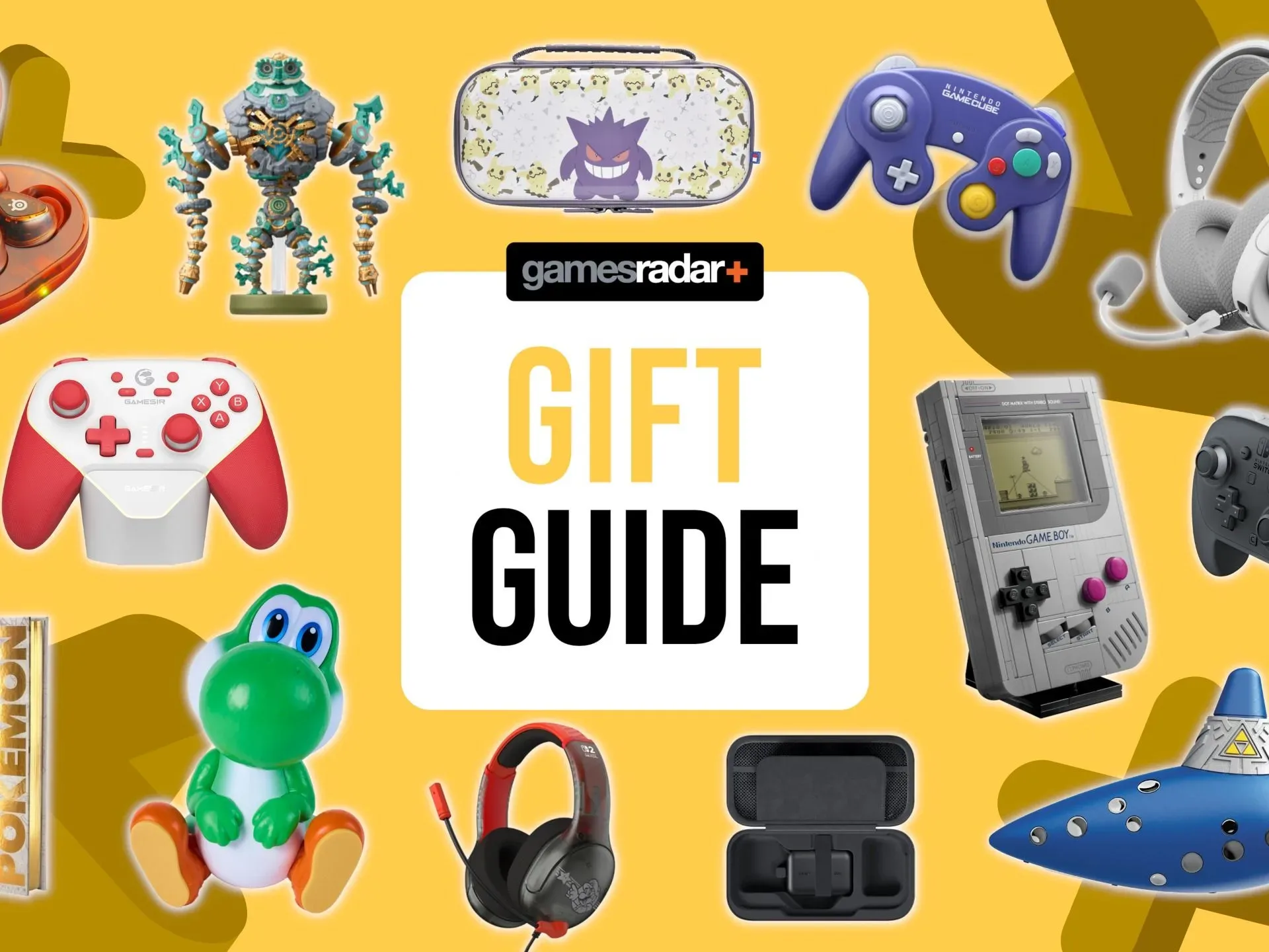 Nintendo Switch 2 accessories on a yellow background with gift guide badge