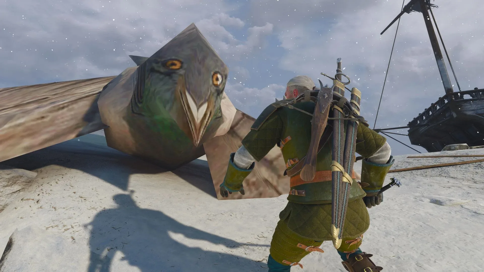 The Witcher 3’s iconic low-poly pigeon replacing a Griffin in a modded encounter