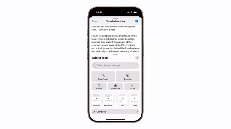 An iPhone with Writing Tools showing beneath a body of text.