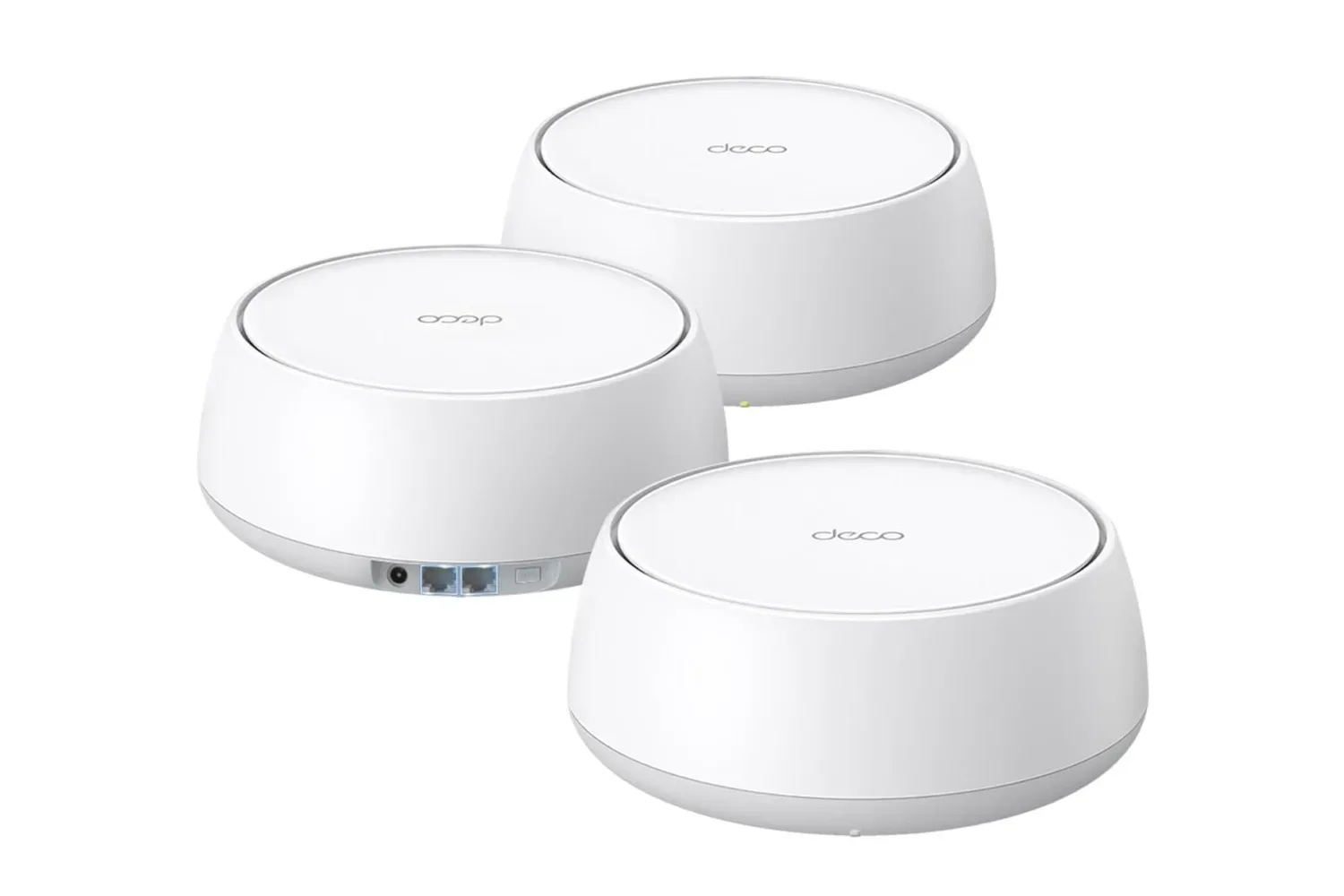 Three TP-Link Deco BE5000 mesh Wi-Fi units arranged for whole-home coverage