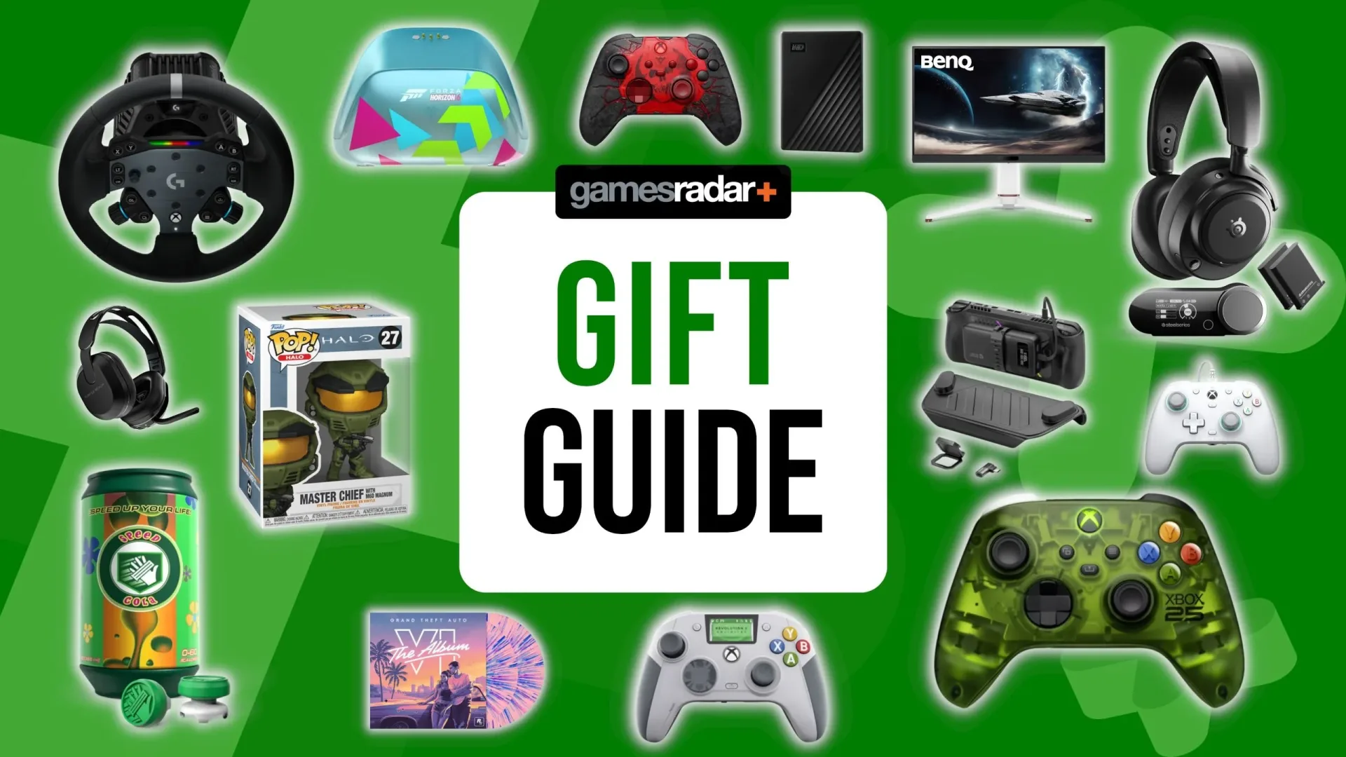 Xbox controller and headset arranged as holiday gaming gifts
