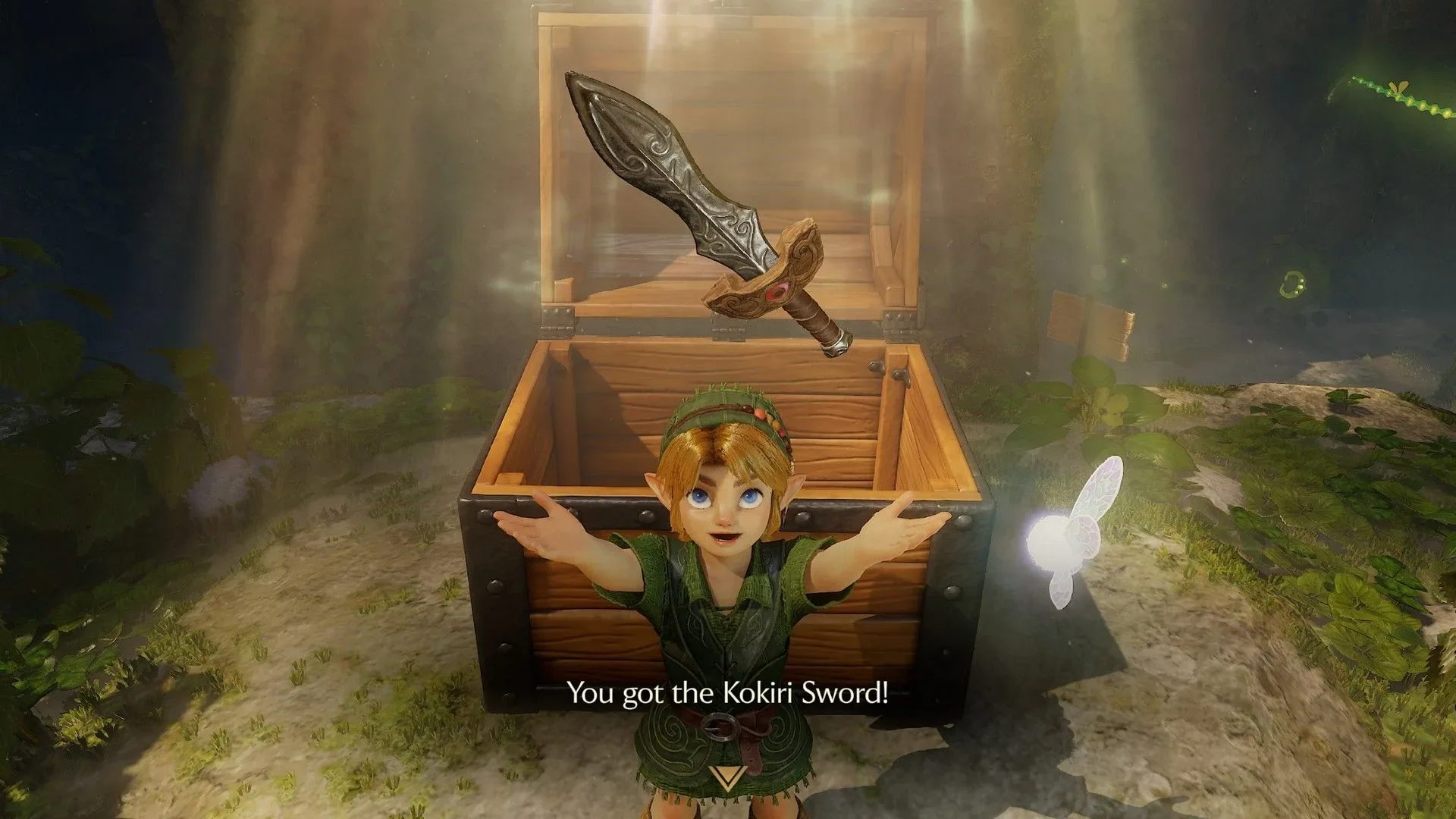 Link holds aloft the Kokiri Sword in The Legend of Zelda: Ocarina of Time remake as he pulls it out of a treasure chest