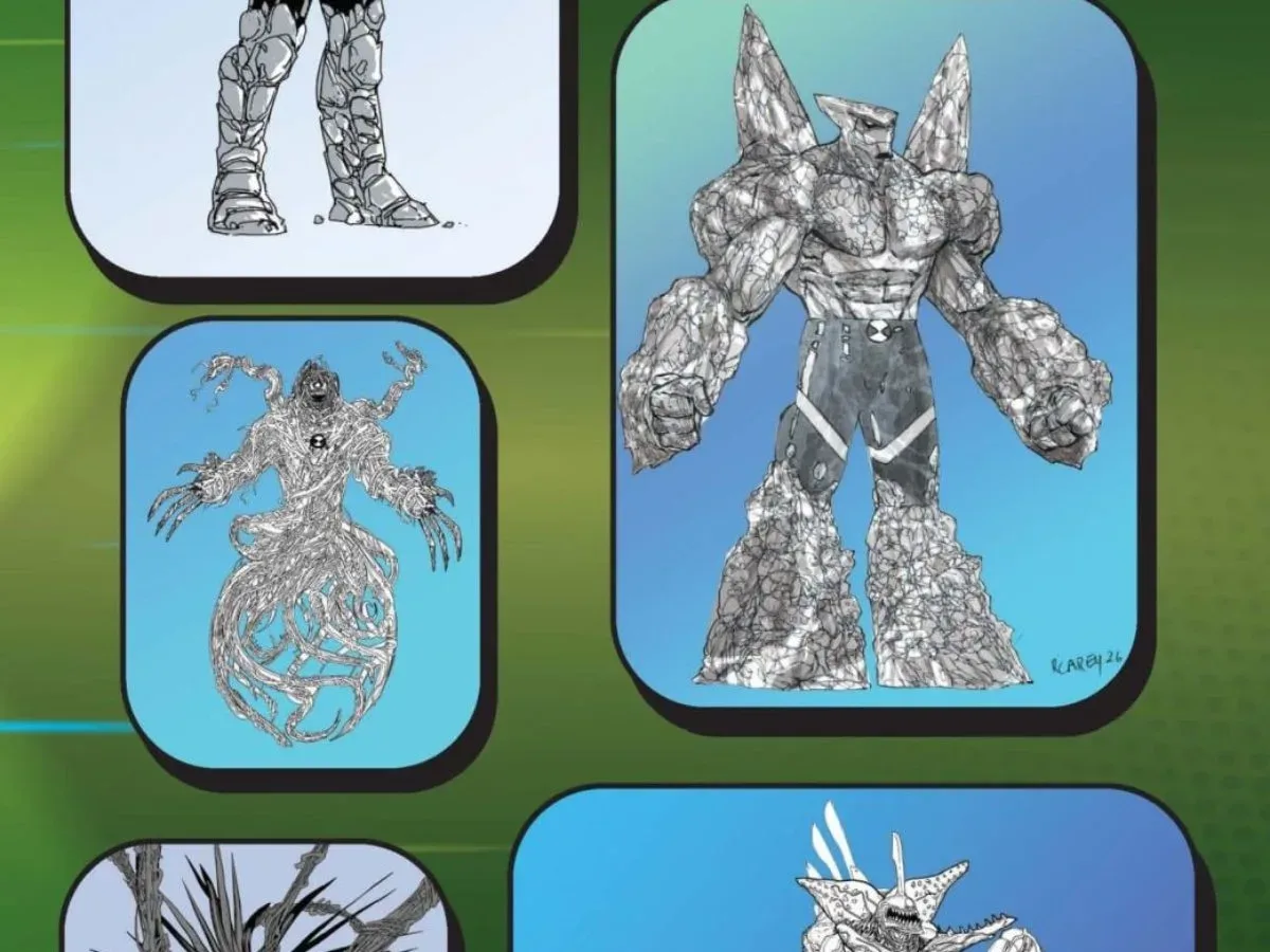 Ben 10 Creator Files #1 interior process page progressing from script and sketches to finished comic art