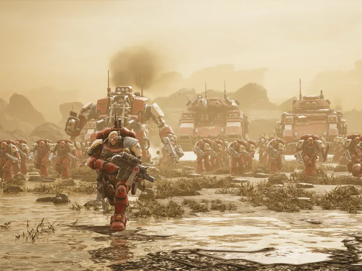 Space Marine armored units and infantry in a Dawn of War 4 battle