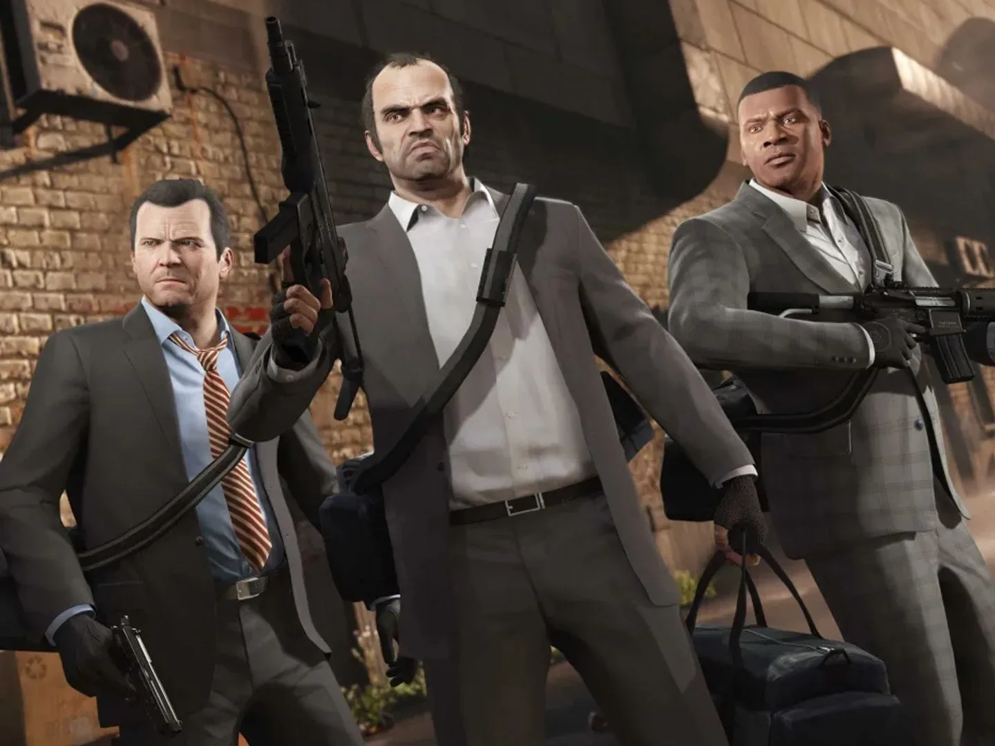 Three playable characters stand in a triangle wearing suits and holding guns in GTA 5