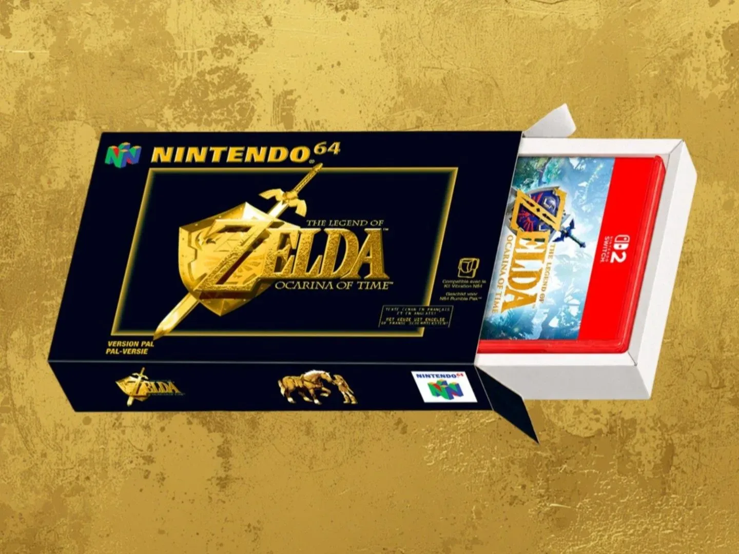 The Legend of Zelda Ocarina of Time PAL slipcase with a Switch 2 physical version of the remake inside, set against a gold background