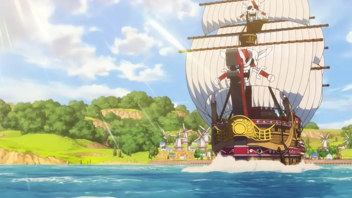The Red Force ship sailing away from land during a scene in the upcoming anime reboot, The One Piece