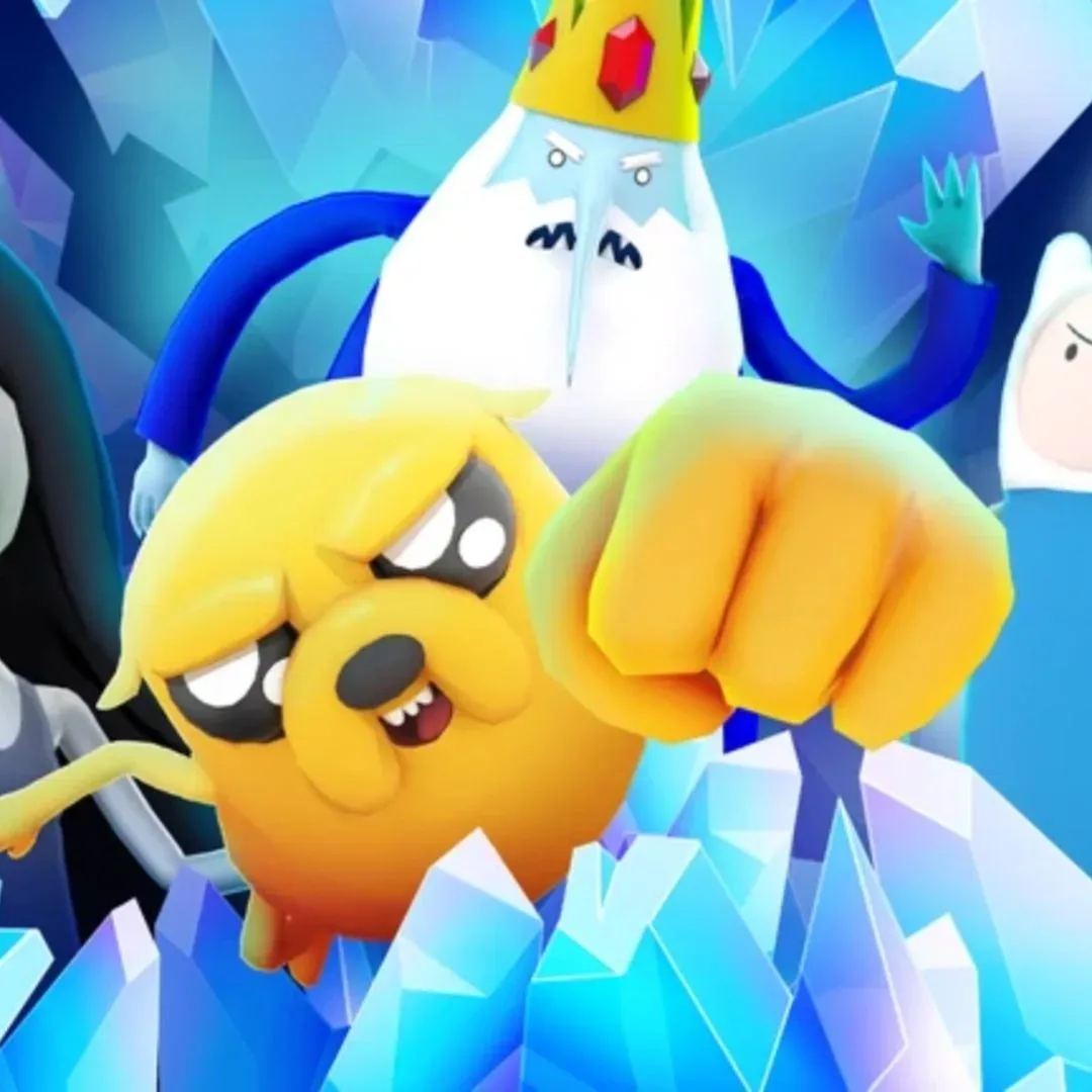 Jake, Finn, Marceline, and The Ice King punch their way through a wall of ice in a promotional image for Adventure Time RPG on Roblox.
